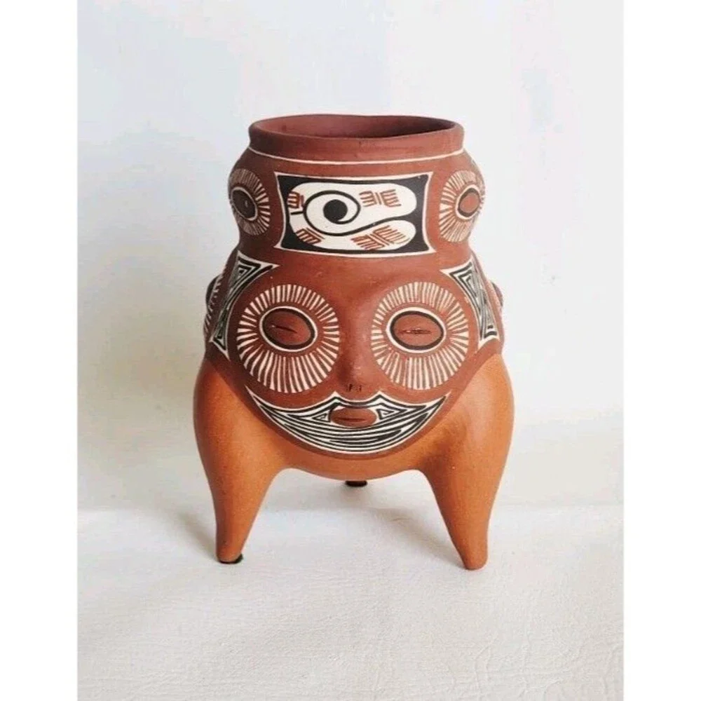 Venezuelan Folk Art Handmade Hand Painted Tree Face Small Terracotta Vase